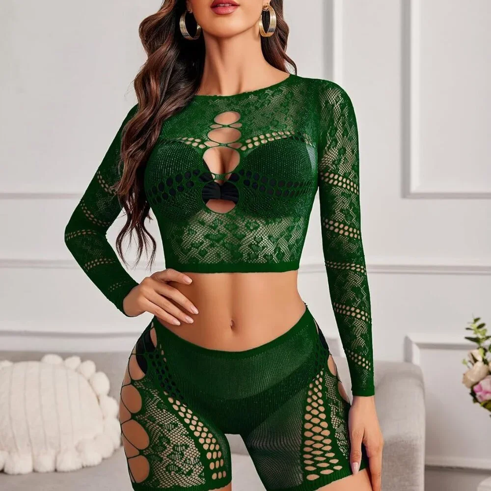 Fishnet Lingerie Sets for Women Sexy Two Piece Rave Outfits Mesh Bodysuit Clubwe